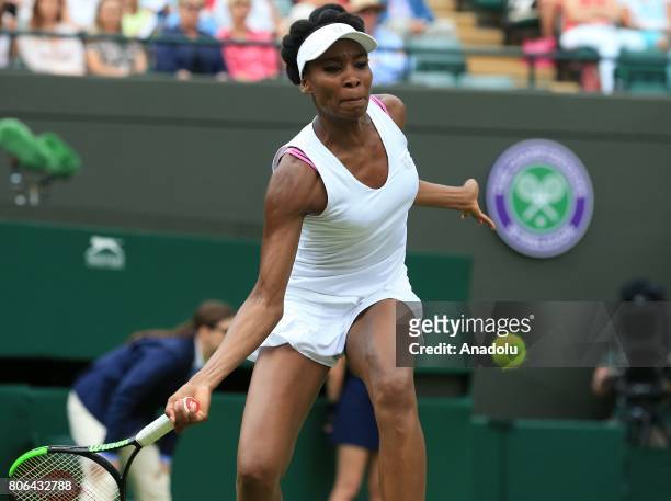 Venus Williams of USA in action against Elise Mertens of Belgium on day one of the 2017 Wimbledon Championships at the All England Lawn and Croquet...