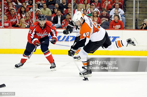 Vaclav Prospal of the Philadelphia Flyers scores against the Washington Capitals during the second period of game one of the 2008 NHL Eastern...