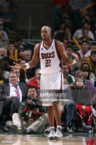 Michael Redd of the Milwaukee Bucks looks on during the NBA game against the Miami Heat on March 18, 2008 at the Bradley Center in Milwaukee,...