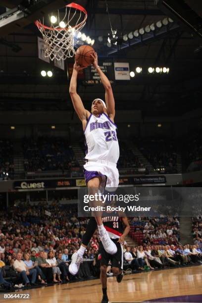 Kevin Martin of the Sacramento Kings takes the ball to the basket against the Portland Trail Blazers at ARCO Arena April 11, 2008 in Sacramento,...