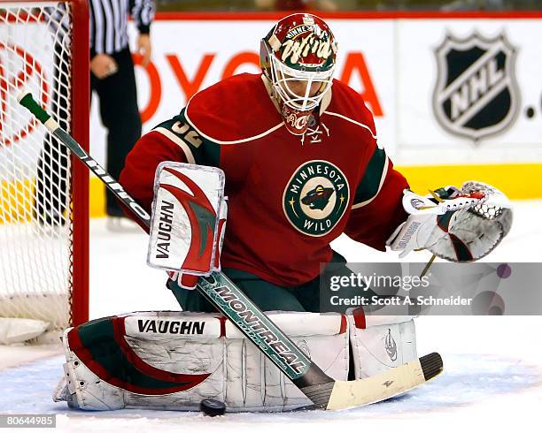 Niklas Backstrom of the Minnesota Wild makes a save during game two of the 2008 NHL Western Conference Quarterfinals on April 11, 2008 at the Xcel...