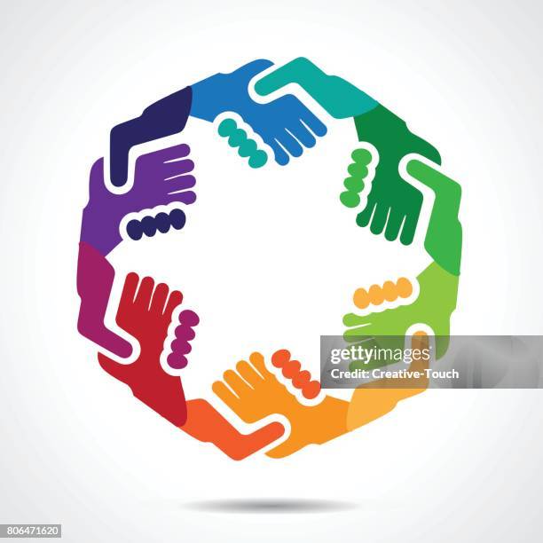 colored hand shake symbols - community logo vector stock illustrations