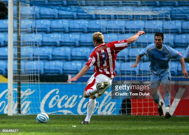 Liam Lawrence of Stoke City scors his sides second goal during the Coca Cola Championship match between Coventry City v Stoke City at the Ricoh Arena...