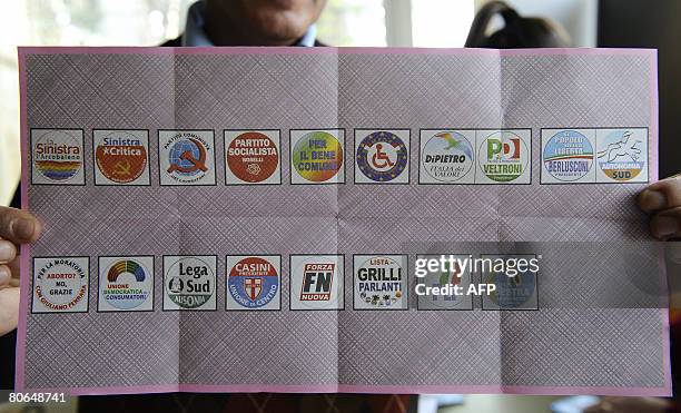 Man displays a ballot slip at a polling station in Naples, April 12, 2008. Media magnate Silvio Berlusconi of the People of Freedom party is expected...