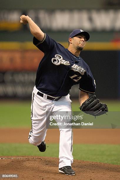 Carlos Villanueva of the Milwaukee Brewers delivers the pitch during the game against the Cincinnati Red on April 10, 2008 at Miller Park in...