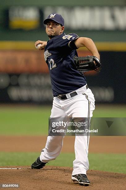 Carlos Villanueva of the Milwaukee Brewers delivers the pitch during the game against the Cincinnati Red on April 10, 2008 at Miller Park in...