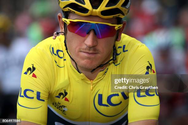 Geraint Thomas of Great Britain riding for Team Sky in the yellow leader's jersey prepares to start stage three of the 2017 Le Tour de France, a...