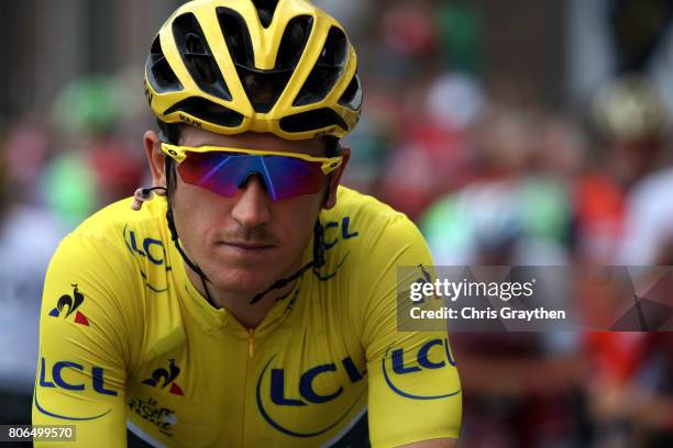 Geraint Thomas of Great Britain riding for Team Sky in the yellow leader's jersey prepares to start stage three of the 2017 Le Tour de France, a...