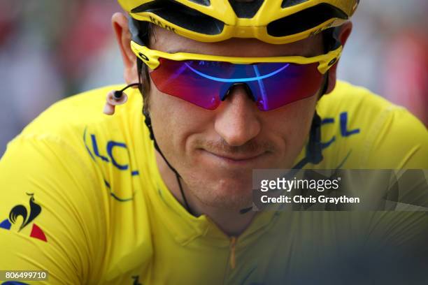 Geraint Thomas of Great Britain riding for Team Sky in the yellow leader's jersey prepares to start stage three of the 2017 Le Tour de France, a...