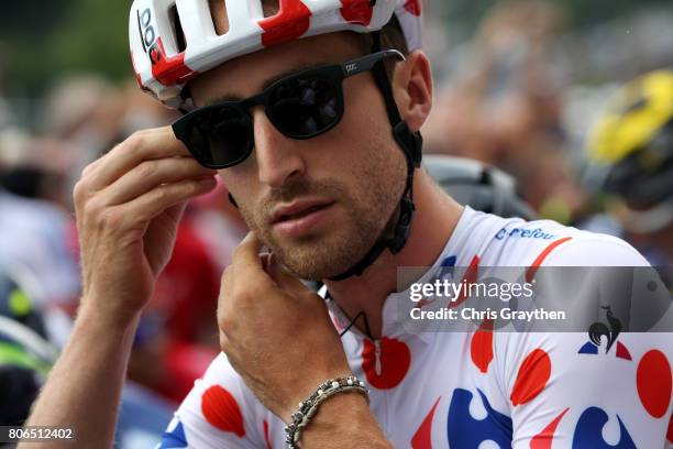 Taylor Phinney of United States riding for Canondale Drapac prepares to start in the king of the mountains jersey prior to stage three of the 2017 Le...