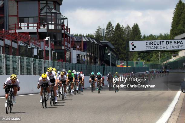 The peloton rides towards Raidillon Eau Rouge on Circuit de Spa-Francorchamps during stage three of the 2017 Le Tour de France, a 212.5km stage from...