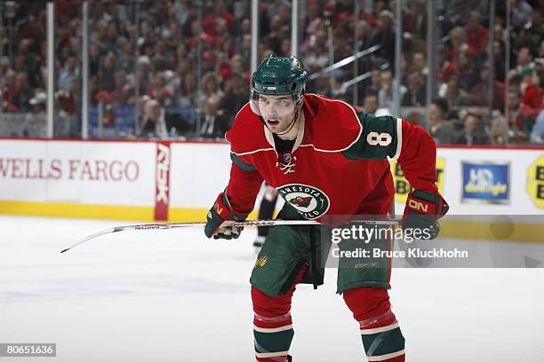 Brent Burns of the Minnesota Wild gets prepared for the puck to drop against the Colorado Avalanche during Game One of the Western Conference...