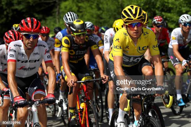 Geraint Thomas of Great Britain riding for Team Sky in the yellow leader's jersey rides in the peloton during stage three of the 2017 Le Tour de...