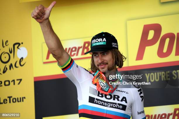 Peter Sagan of Slovakia riding for Bora-Hansgrohe reacts after winning stage three of the 2017 Le Tour de France, a 212.5km stage from Verviers to...