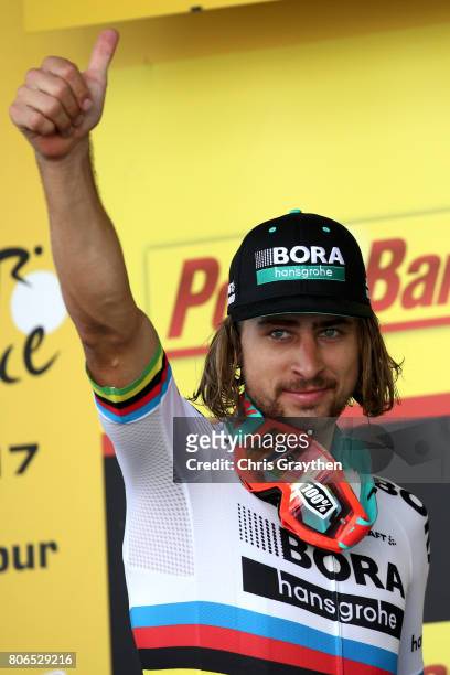 Peter Sagan of Slovakia riding for Bora-Hansgrohe reacts after winning stage three of the 2017 Le Tour de France, a 212.5km stage from Verviers to...
