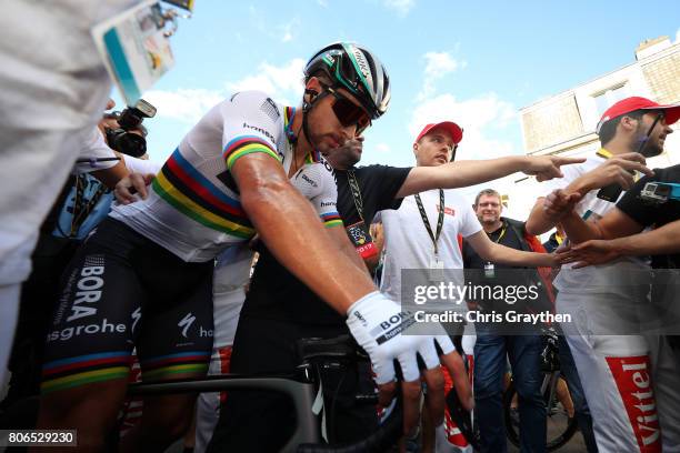 Peter Sagan of Slovakia riding for Bora-Hansgrohe reacts after winning stage three of the 2017 Le Tour de France, a 212.5km stage from Verviers to...