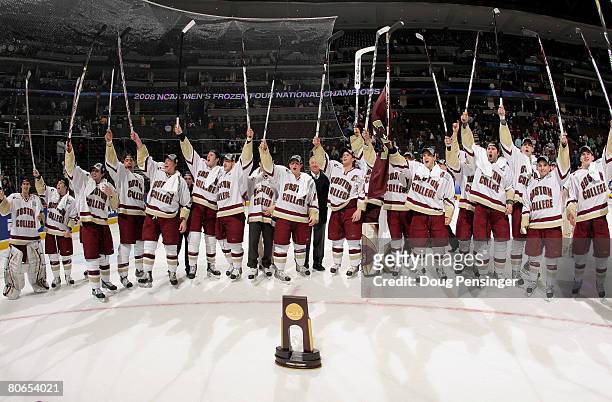 The Boston College Golden Eagles celebrate their victory over the Notre Dame Fighting Irish in the 2008 NCAA Frozen Four Men's Ice Hockey National...
