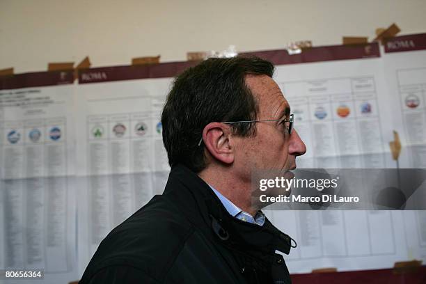 Right candidate Alleanza Nazionale party leader Gianfranco Fini arrives to the pooling station to cast his vote in Italian Parliamentary Election on...