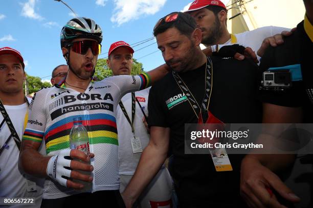 Peter Sagan of Slovakia riding for Bora-Hansgrohe reacts after winning stage three of the 2017 Le Tour de France, a 212.5km stage from Verviers to...