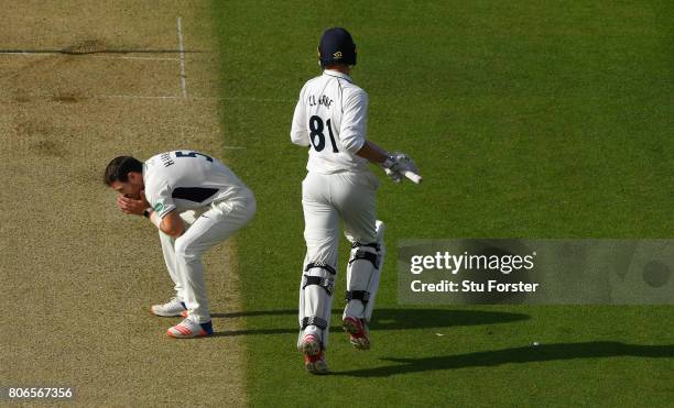 Middlesex bowler James Harris reacts as an appeal against Rikki Clarke is turned down during the Specsavers County Championship Division One match...