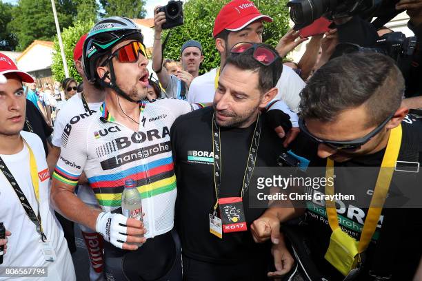Peter Sagan of Slovakia riding for Bora-Hansgrohe reacts after winning stage three of the 2017 Le Tour de France, a 212.5km stage from Verviers to...