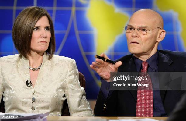 Democratic strategist James Carville speaks as his wife and Republican strategist Mary Matalin listens during a taping of "Meet the Press" at the NBC...