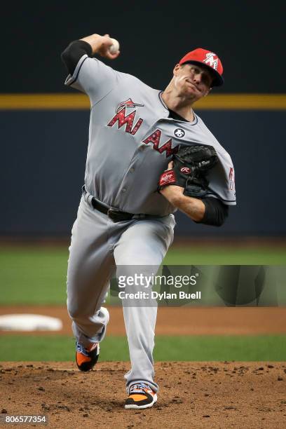 Tom Koehler of the Miami Marlins pitches in the second inning against the Milwaukee Brewers at Miller Park on July 01, 2017 in Milwaukee, Wisconsin.