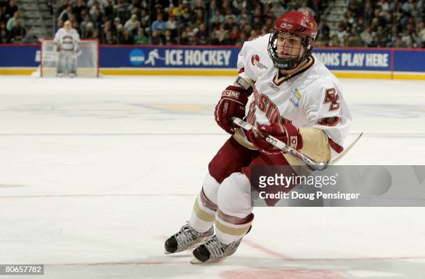 Nathan Gerbe of the Boston College Golden Eagles skates against the Notre Dame Fighting Irish in the 2008 NCAA Frozen Four Men's Ice Hockey National...