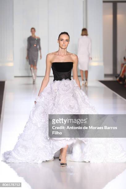 Model walks the runway during the Ralph & Russo Haute Couture Fall/Winter 2017-2018 show as part of Haute Couture Paris Fashion Week on July 3, 2017...