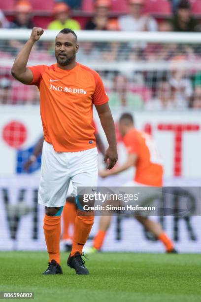 Patrick Esume of Nowitzki All Stars celebrates a goal during the Champions for Charity Friendly match at Opel Arena on July 3, 2017 in Mainz, Germany.