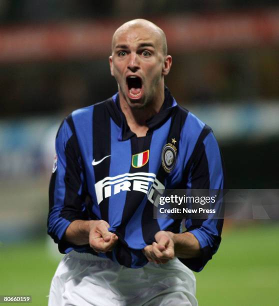 Esteban Cambiasso of Inter celebrates after scoring during the Serie A match between Inter and Fiorentina at the Stadio San Siro on April 13, 2008 in...