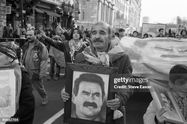 Kurdish supporters of Kurdistan Workers Party leader Abdullah Ocalan, call for him to be released after his capture and imprisonment by the Turkish...