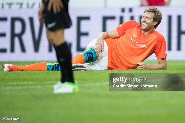 Dirk Nowitzki of Nowitzki All Stars smiles during the Champions for Charity Friendly match at Opel Arena on July 3, 2017 in Mainz, Germany.