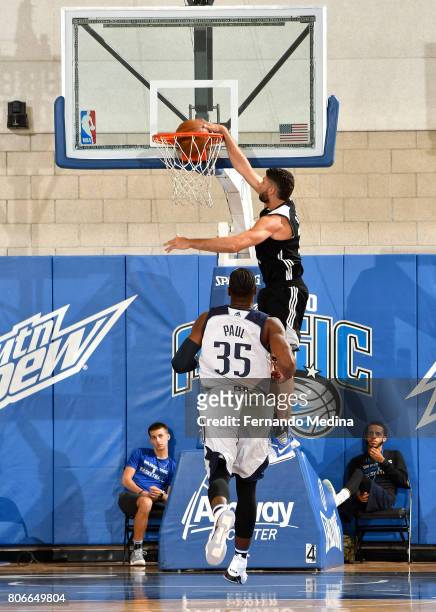 Patricio Garino of the Orlando Magic dunks against the Dallas Mavericks on July 3, 2017 during the 2017 Summer League at Amway Center in Orlando,...