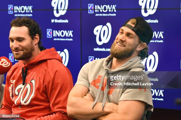 Daniel Murphy and Bryce Harper of the Washington Nationals address the media on their selection to the 2017 All-Star game before a baseball game...