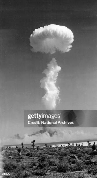 The atomic smoke rises April 22, 1952 after the atom blast of ''Big Shot'' at Camp Mercury, Nevada.
