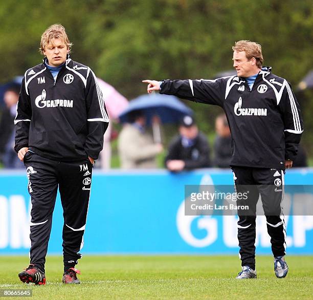 New coaches Youri Mulder and Mike Bueskens are seen during a FC Schalke 04 training session at the Veltins Arena on April 14, 2008 in Gelsenkirchen,...