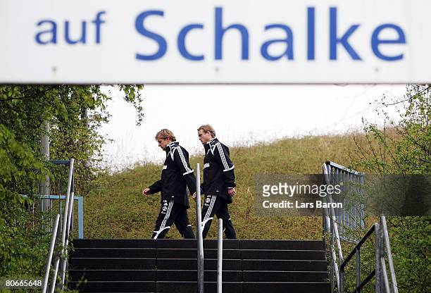 New coaches Youri Mulder and Mike Bueskens are seen prior to a FC Schalke 04 training session at the Veltins Arena on April 14, 2008 in...