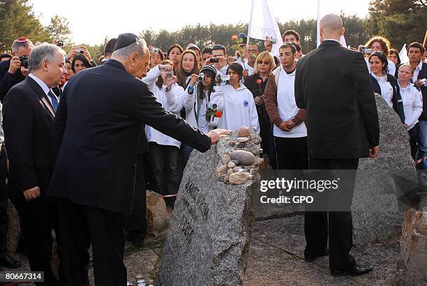 Israeli President Shimon Peres and Polish President Lech Kaczynski attend a memorial service at the site of the Treblinka death camp on April 14,...