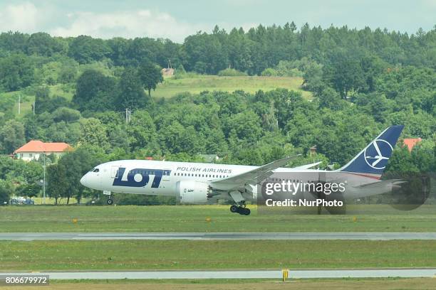 View of Boeing 787 Dreamliner arriving from Chicago, on the day of the inauguration of Krakow-Chicago new connection operated by PLL LOT, at John...