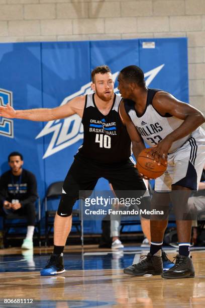Matt Costello of the Orlando Magic plays defense against the Dallas Mavericks on July 3, 2017 during the 2017 Summer League at Amway Center in...