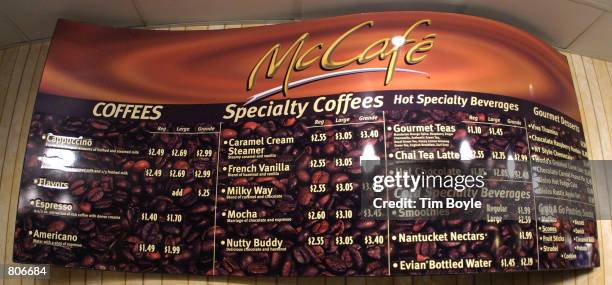 Menu is displayed inside a new McDonald's McCafe coffee shop May 1, 2001 in Chicago, the first McCafe located in the United States. McCafe was first...