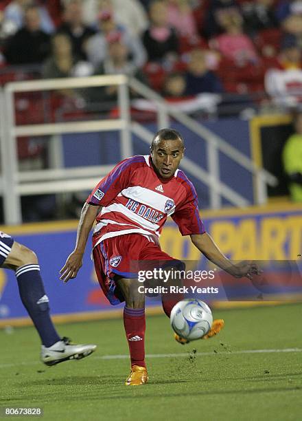 Ricardinho of FC Dallas takes control of the ball against the New York Red Bulls on April 12, 2008 at Pizza Hut Park in Frisco Texas.