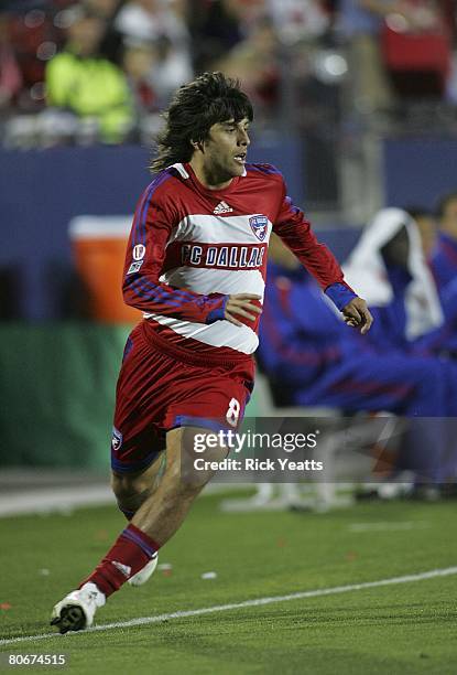 Juan Toja of FC Dallas pursues the play against the New York Red Bulls on April 12, 2008 at Pizza Hut Park in Frisco, Texas.