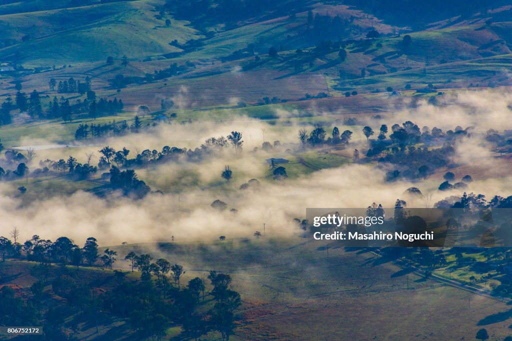 Foggy area seen from the sky in the Scenic Rim Region, Queensland, Australia