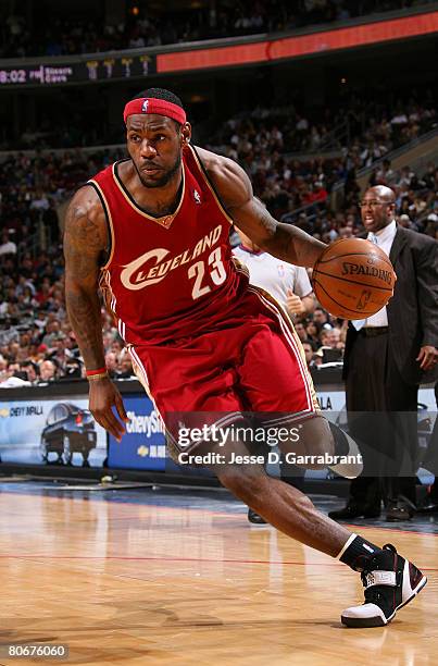 LeBron James of the Cleveland Cavaliers drives against the Philadelphia 76ers on April 14, 2008 at the Wachovia Center in Philadelphia, Pennsylvania....