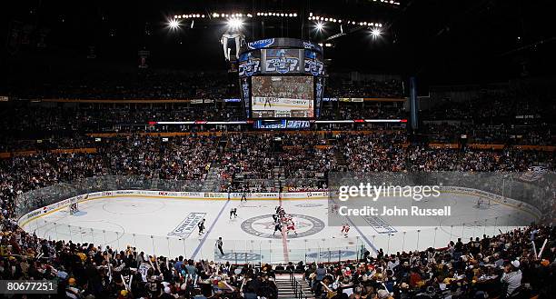 The Nashville Predators face off against the Detroit Red Wings during game three of the 2008 NHL conference quarter-final series on April 14, 2008 at...