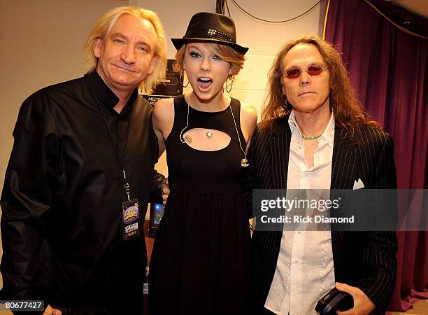 Singer Taylor Swift with Joe Walsh and Timothy B. Schmit of the Eagles seen backstage during the 2008 CMT Awards at Curb Event Center at Belmont...