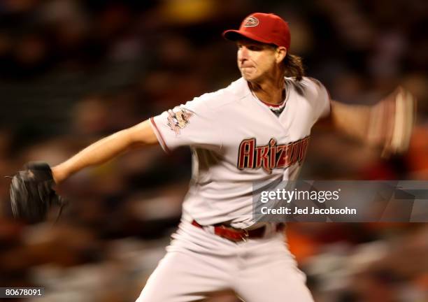 Randy Johnson of the Arizona Diamondbacks pitches against the San Francisco Giants during a Major League Baseball game on March 14, 2008 at AT&T Park...