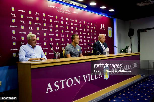 New signing John Terry of Aston Villa talks to the press during a press conference at Villa Park on July 03, 2017 in Birmingham, England.